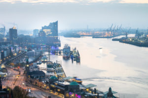Europe, Germany, Hamburg, view from Hotel Riverside to Elbe with Elbphilharmonie in the morning Europe, Germany, Hamburg, view from Hotel Riverside to Elbe with Elbphilharmonie in the morning